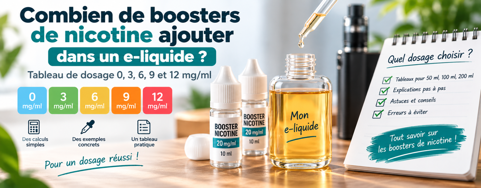 Combien de boosters de nicotine ajouter dans un e-liquide ? Tableau de dosage 0, 3, 6, 9 et 12 mg/ml